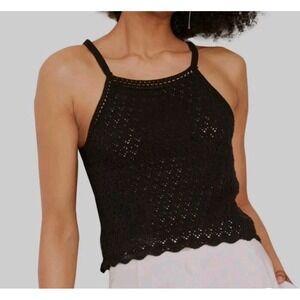 French Connection Black Knit Eyelet Tank Top Womens Large Crochet Cami Boho NEW